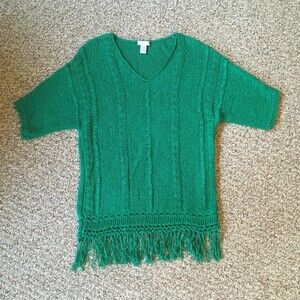Chicos Short Sleeve Sweater Top Size 1 M Fringe Green Boho Knit Casual Stretch
